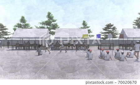 School athletic meet, foot race, spectators, buildings, illustration 60 School athletic meet, foot race, spectators, buildings, illustration 60 70020670
