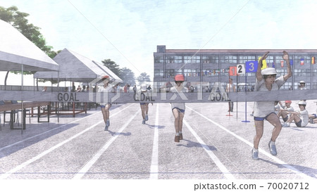 School athletic meet, foot race, spectators, buildings, illustration 54 70020712