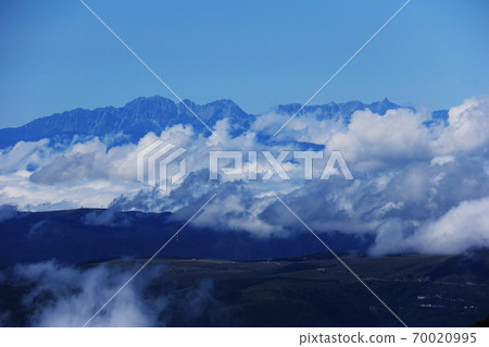 Yatsugatake mountain range in early autumn: View of the Northern Alps Yarihodaka mountain range over Kirigamine from the summit of Mt. Nishi Tengu Yatsugatake mountain range in early autumn: View of the Northern Alps Yarihodaka mountain range over Kirigamine from the summit of Mt. Nishi Tengu 70020995