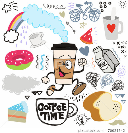 Coffee time doodle drawing collection.Hand drawn vector doodle illustrations in colorful cartoon style. Coffee time doodle drawing collection.Hand drawn vector doodle illustrations in colorful cartoon style. 70021342