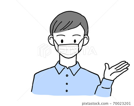 A young man in a mask who raises his left hand and guides with a smile A young man in a mask who raises his left hand and guides with a smile 70023201