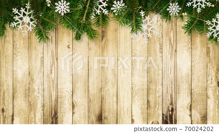 Wood grain background decorated with fir tree and snow ornaments-there are multiple variations Wood grain background decorated with fir tree and snow ornaments-there are multiple variations 70024202