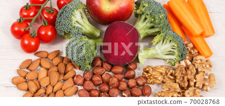 Healthy nutritious eating as source vitamin and minerals, food for brain health concept Healthy nutritious eating as source vitamin and minerals, food for brain health concept 70028768