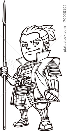 Sengoku warlord standing with a spear [3 heads,... - Stock Illustration ...