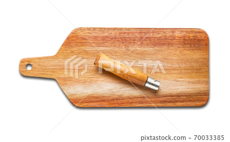 Wooden cutting board and pocket knife isolated on white Wooden cutting board and pocket knife isolated on white 70033385