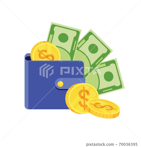 Purse with money. Flat vector cartoon money illustration. Purse with money. Flat vector cartoon money illustration. 70036395