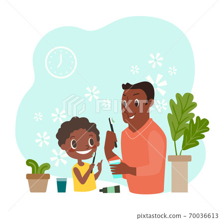 Black boy and his father brushing teeth illustration Black boy and his father brushing teeth illustration 70036613