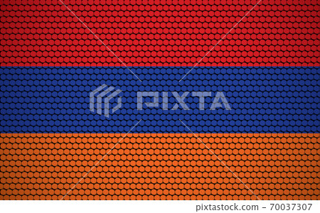 Abstract flag of Armenia made of circles. White, blue, red Armenian flag designed with colored circles giving it a modern and abstract look. 70037307