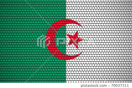 Abstract flag of Algeria made of circles. Green white and red Algerian flag with red star and moon in the center designed with colored circles giving it a modern and abstract look. Abstract flag of Algeria made of circles. Green white and red Algerian flag with red star and moon in the center designed with colored circles giving it a modern and abstract look. 70037311