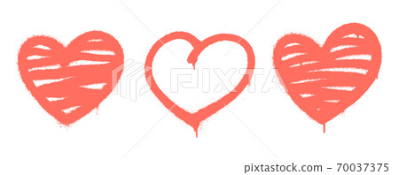 Sprayed graffiti hearts set in coral on white. Vector illustration 70037375