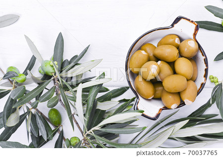 Fresh olive branch with berries on a white wooden background. Traditional plant of Italy. Free space Fresh olive branch with berries on a white wooden background. Traditional plant of Italy. Free space 70037765