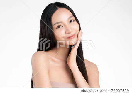 Beautiful young asian woman with clean fresh skin on white background, Face care, Facial treatment, 70037809