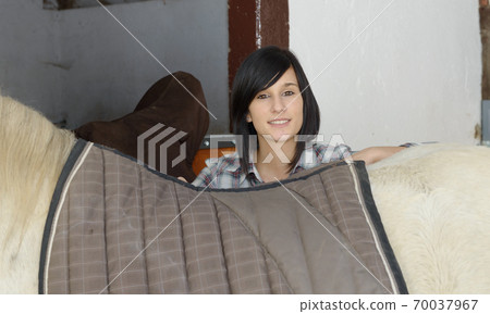Beautiful young girl and white horse Beautiful young girl and white horse 70037967