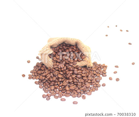 Coffee beans in a sack bag on white background 70038310