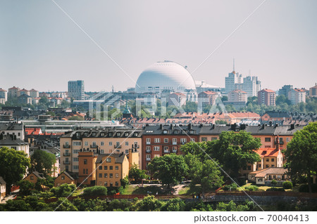 Stockholm, Sweden. Ericsson Globe In Summer Skyline. It's Currently The Largest Hemispherical Building In The World, Used For Major Concerts, Sport Events Stockholm, Sweden. Ericsson Globe In Summer Skyline. It's Currently The Largest Hemispherical Building In The World, Used For Major Concerts, Sport Events 70040413