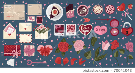 Elements and objects for Valentine's Day. Postcard, enveloments, hearts, lolipop, coffee, cake, roses, and etc. Vector cute illustration collection in cartoons flat style. Isolated on blue background. 70041048
