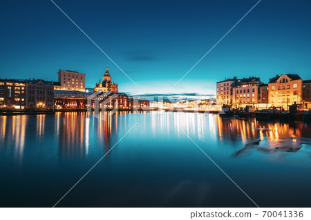 Helsinki, Finland. View Of Kanavaranta Street With Uspenski Cathedral And Pohjoisranta Street In Evening Night Illuminations Helsinki, Finland. View Of Kanavaranta Street With Uspenski Cathedral And Pohjoisranta Street In Evening Night Illuminations 70041336