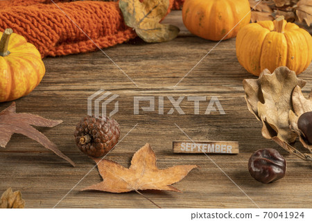 autumn template for September with dried leaves on wooden background 70041924