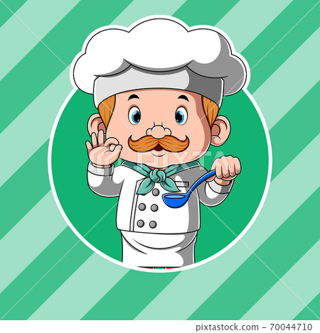 The chef holding the spoon soup and for the delicious food 70044710