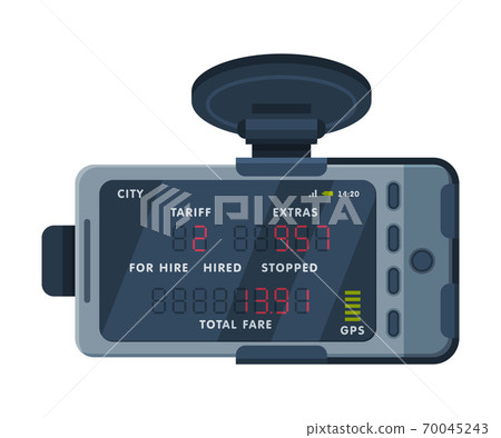 Taximeter Device, Electronic Measurement Appliance with Buttons and Screen for Taxi Car Vector Illustration on White Background Taximeter Device, Electronic Measurement Appliance with Buttons and Screen for Taxi Car Vector Illustration on White Background 70045243