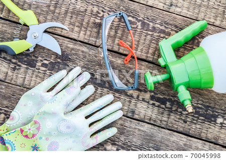 Pruner, pressure sprayer, garden gloves and protective glasses on wooden boards 70045998