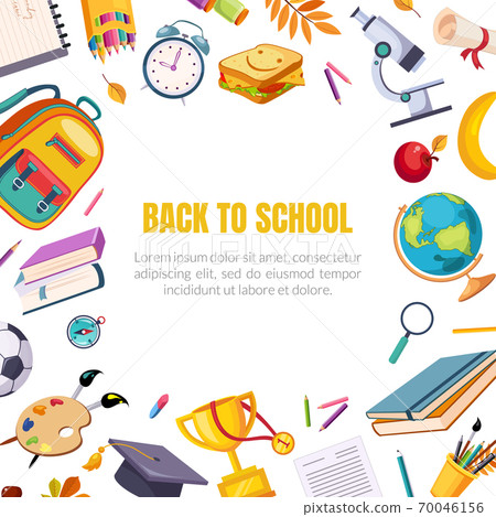 Back to School Banner Template with Space for Text and School Supplies Seamless Pattern Cartoon Vector Illustration Back to School Banner Template with Space for Text and School Supplies Seamless Pattern Cartoon Vector Illustration 70046156
