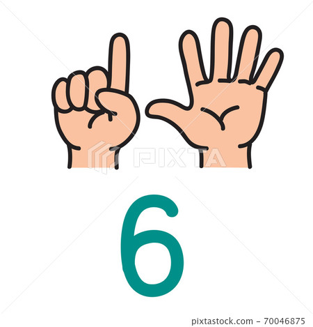 Kid's hand showing the number six hand sign. 70046875