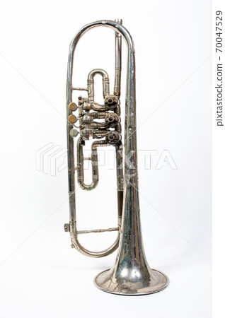 silver trumpet isolated on a white background. Musical instrument silver trumpet isolated on a white background. Musical instrument 70047529