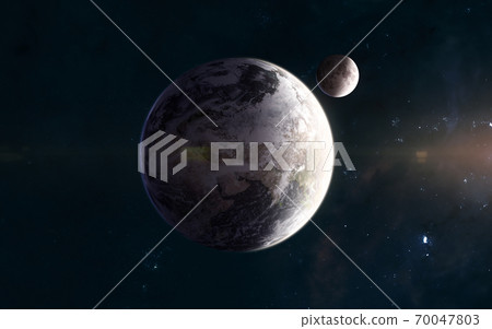 Planet Earth and Moon in warm light of Sun. Solar system 70047803