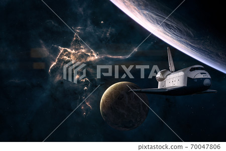 Mystic Mountain of Carina Nebula. Shuttle and planets on the nebula background 70047806