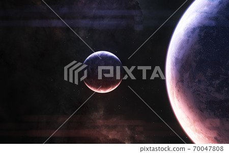 Planets of deep space in light of red and blue stars 70047808