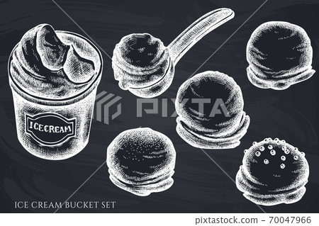 Vector set of hand drawn chalk ice cream bucket, ice cream scoop, ice cream balls Vector set of hand drawn chalk ice cream bucket, ice cream scoop, ice cream balls 70047966