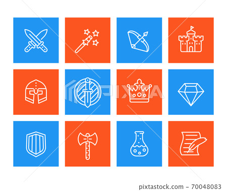 Game icons set, swords, magic wand, bow, fortress 70048083