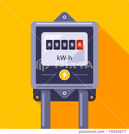 an electric meter with a dial hangs on the wall.  70048877