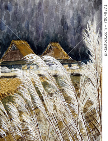 茅草的私人住宅的草圖Susuki素描水彩畫 70049871