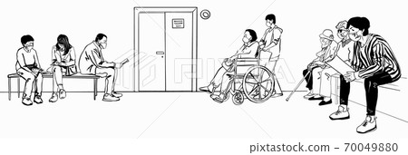 Patients Sitting Waiting Appointment Time at Hospital Illness People wearing protective masks Patients Sitting Waiting Appointment Time at Hospital Illness People wearing protective masks 70049880