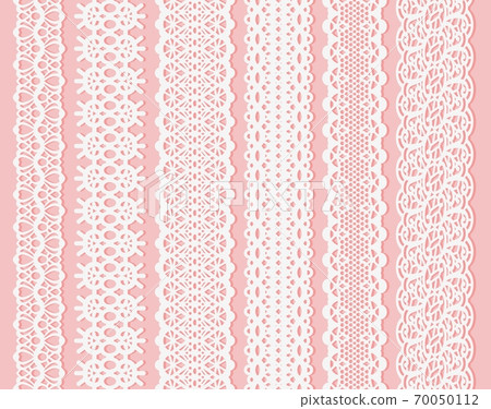 Blockprint wide lace ribbon set. White Design Elements Isolated on Pink Background Seamless pattern suitable for laser cutting paper or wood, to create wedding invitation and card Blockprint wide lace ribbon set. White Design Elements Isolated on Pink Background Seamless pattern suitable for laser cutting paper or wood, to create wedding invitation and card 70050112