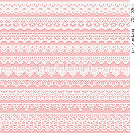 Set of horizontal seamless borders for wedding design. White lace silhouette isolated on pink background. Suitable for laser cutting. 70050266