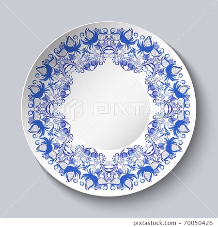 Plate with blue decorative pattern of birds and flowers. Template design in ethnic style Gzhel porcelain painting. Plate with blue decorative pattern of birds and flowers. Template design in ethnic style Gzhel porcelain painting. 70050426