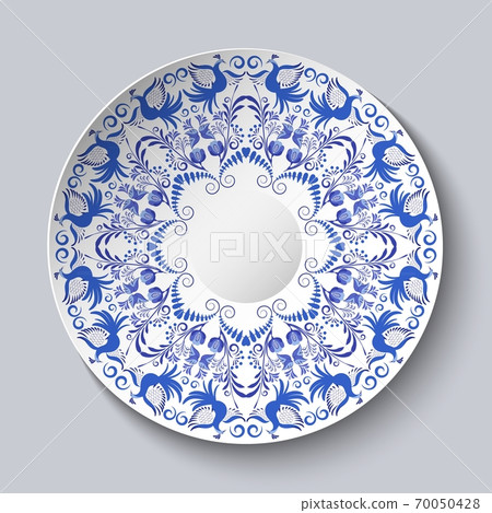 Decorative plate with a blue ornament of birds and flowers. Template design in ethnic style Gzhel porcelain painting. 70050428