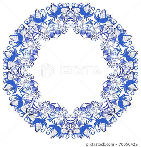 Blue Circular ornament with birds and flowers. Template design in ethnic style Gzhel porcelain painting. 70050429