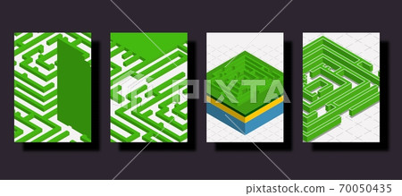Trendy isometric cover design in green natural tones. The concept of a solution search maze. 70050435