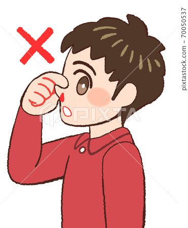 Illustration of a boy showing the wrong response when he has a nosebleed 70050537