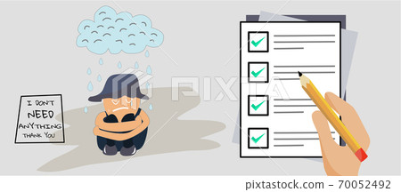 Checklist Depression.  A Man cry unhappy sitting under rain cloud. 70052492