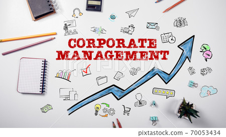 CORPORATE MANAGEMENT. Blue arrow and drawn icons. White meeting table 70053434