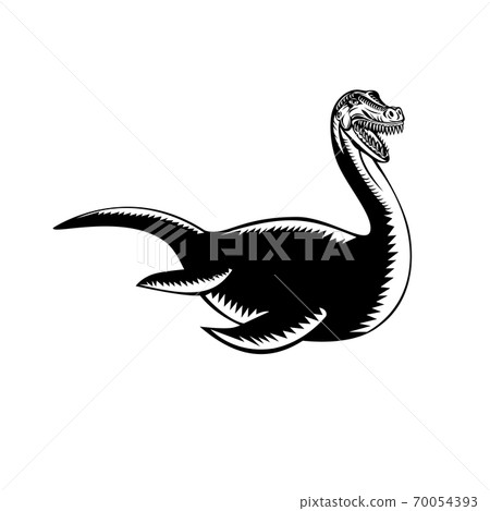 Loch Ness Monster or Nessie Swimming Retro Woodcut Black and White Style Loch Ness Monster or Nessie Swimming Retro Woodcut Black and White Style 70054393