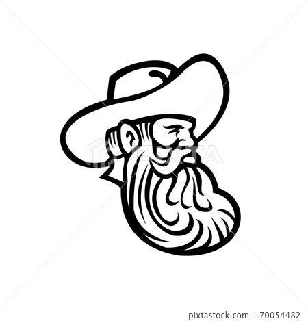 Head of Cowboy or Organic Grain Farmer with Full Beard Looking to Side Retro Mascot Black and White Head of Cowboy or Organic Grain Farmer with Full Beard Looking to Side Retro Mascot Black and White 70054482