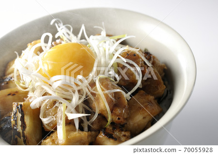 熱碗,白髮蔬菜和蛋黃,木炭烤雞(白色背景) 熱碗,白髮蔬菜和蛋黃,木炭烤雞(白色背景) 70055928