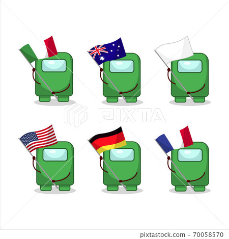 Among us green cartoon character bring the flags of various countries 70058570
