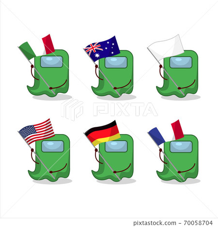 Ghost among us green cartoon character bring the flags of various countries 70058704
